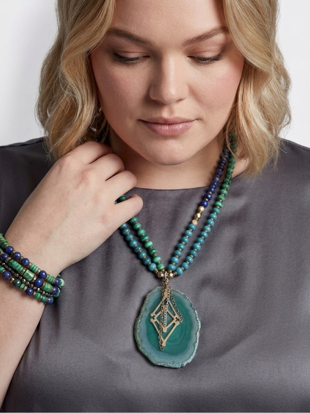 Silpada Elegant Turquoise and Blue Beaded Necklace and Bracelet Set